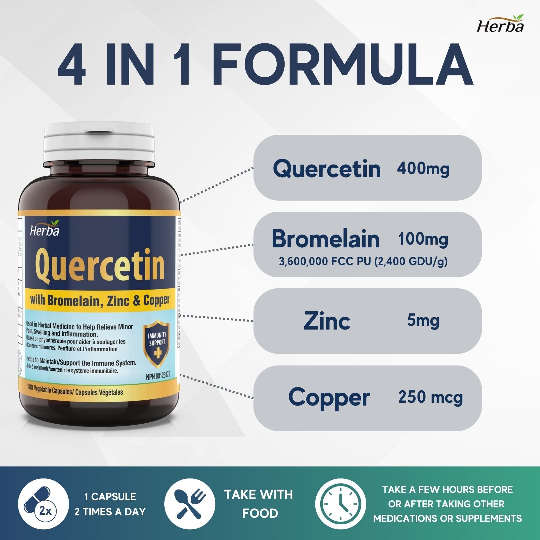 Quercetin with Bromelain, Zinc & Copper - 180 Capsules - Herba