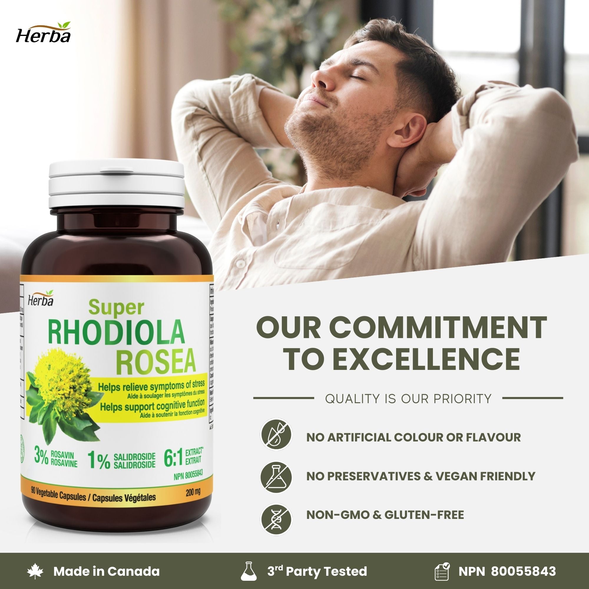 Rhodiola Rosea Supplement 200mg - 90 Vegetable Capsules | Made in Canada – 3% Rosavins and 1% Salidrosides