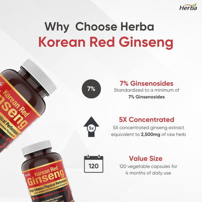 Korean Red Ginseng Extract Capsules – 5:1, 2500mg Equivalent | 120 Vegetable Capsules