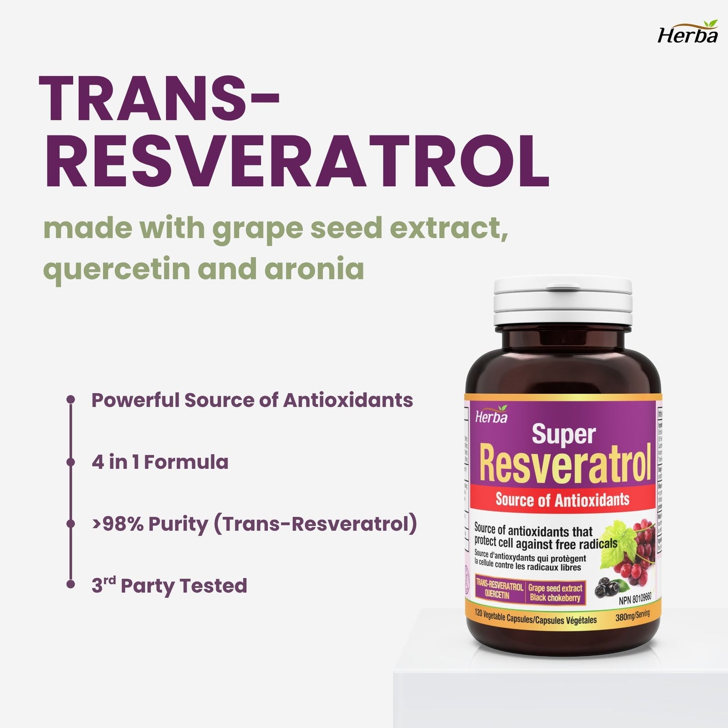 Complément de Resvératrol - 120 capsules | Trans-resvératrol avec échinacée, quercétine, extrait de pépins de raisin et aronia