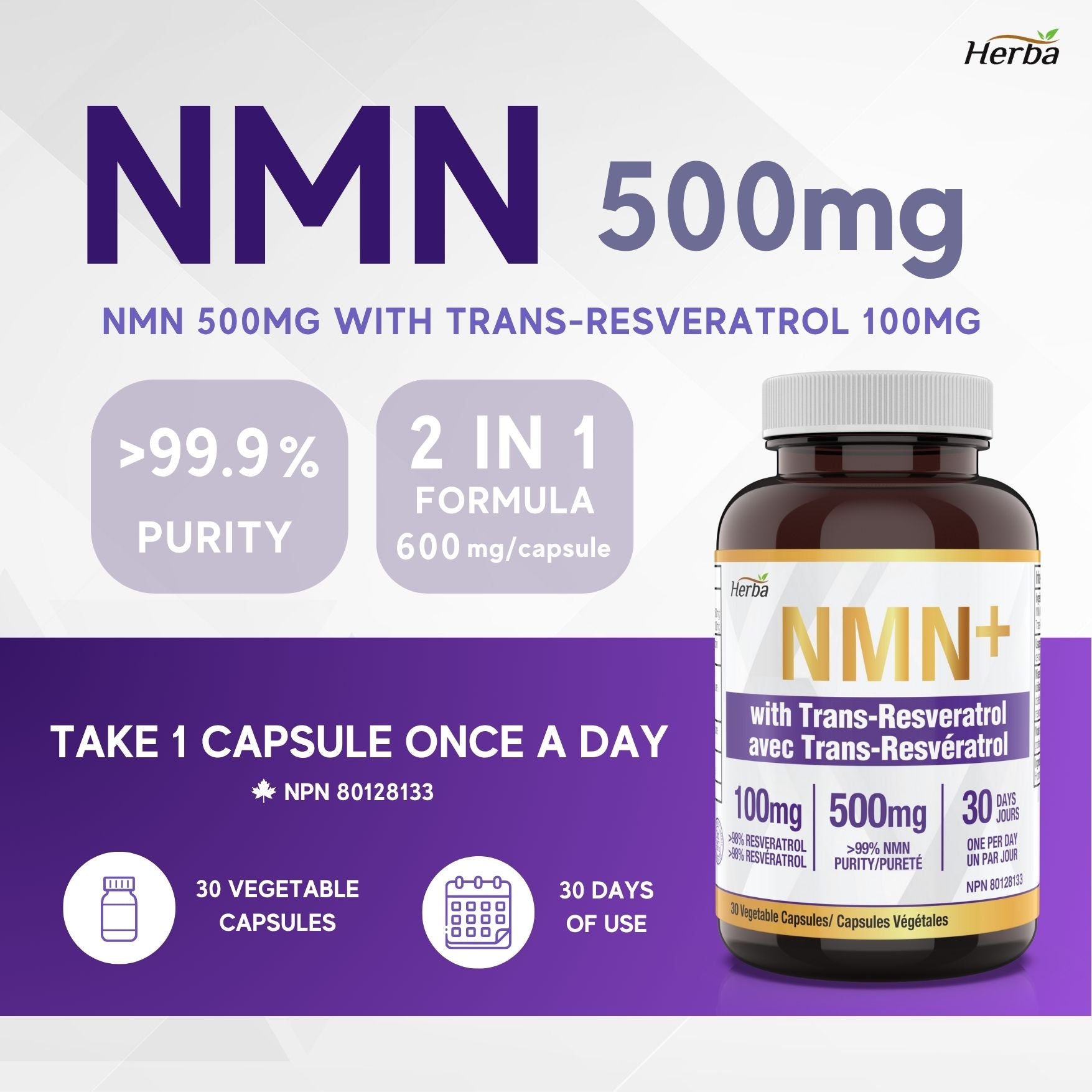 NMN Supplement + Resveratrol - 600mg | Made in Canada | 30 Vegetable Capsules