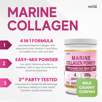 Marine Collagen Powder with Hyaluronic Acid, Silica, and Vitamin C – 305g (New) | Made in Canada