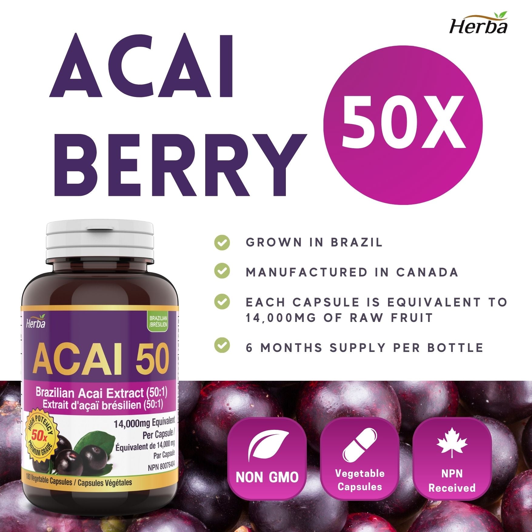 Acai Berry Capsules – 180 Vegetable Capsules | 14,000mg