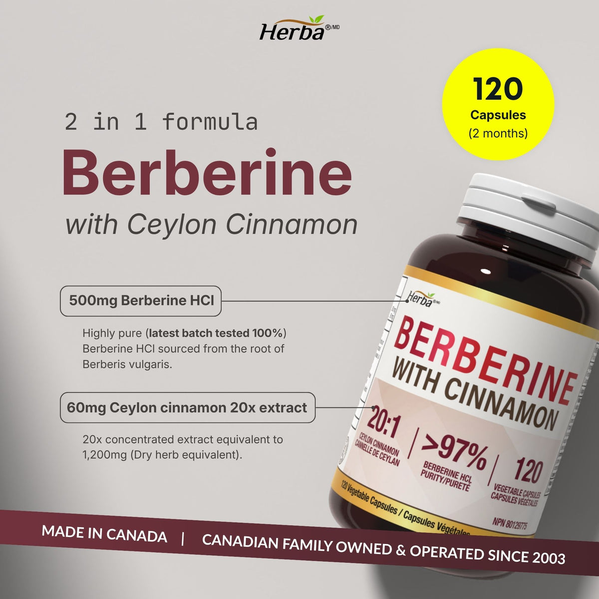 Supplément de Berbérine à la Cannelle de Ceylan – 120 Gélules | Bérberine 1000mg (par portion) | Fabriqué au Canada