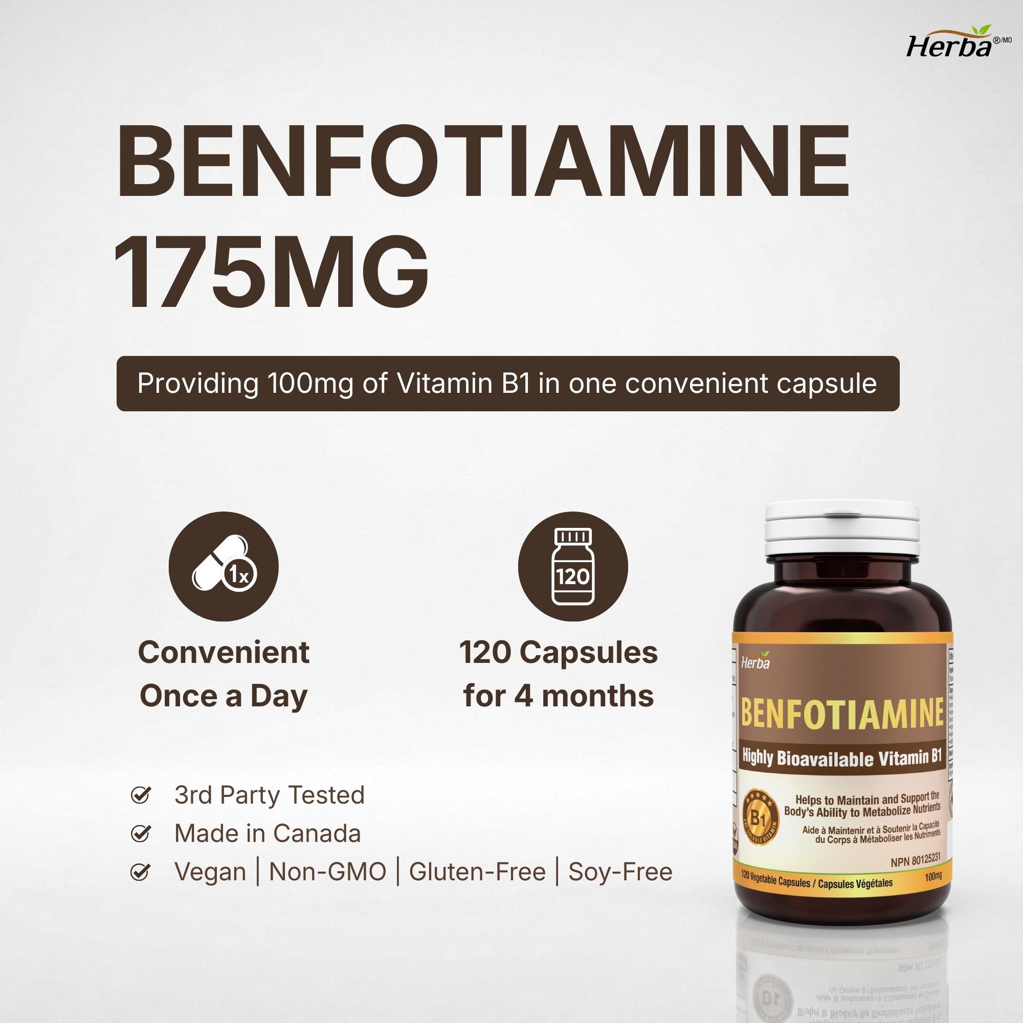 Benfotiamine 100mg - 120 capsules | Vitamine B1 liposoluble | Fabriqué au Canada