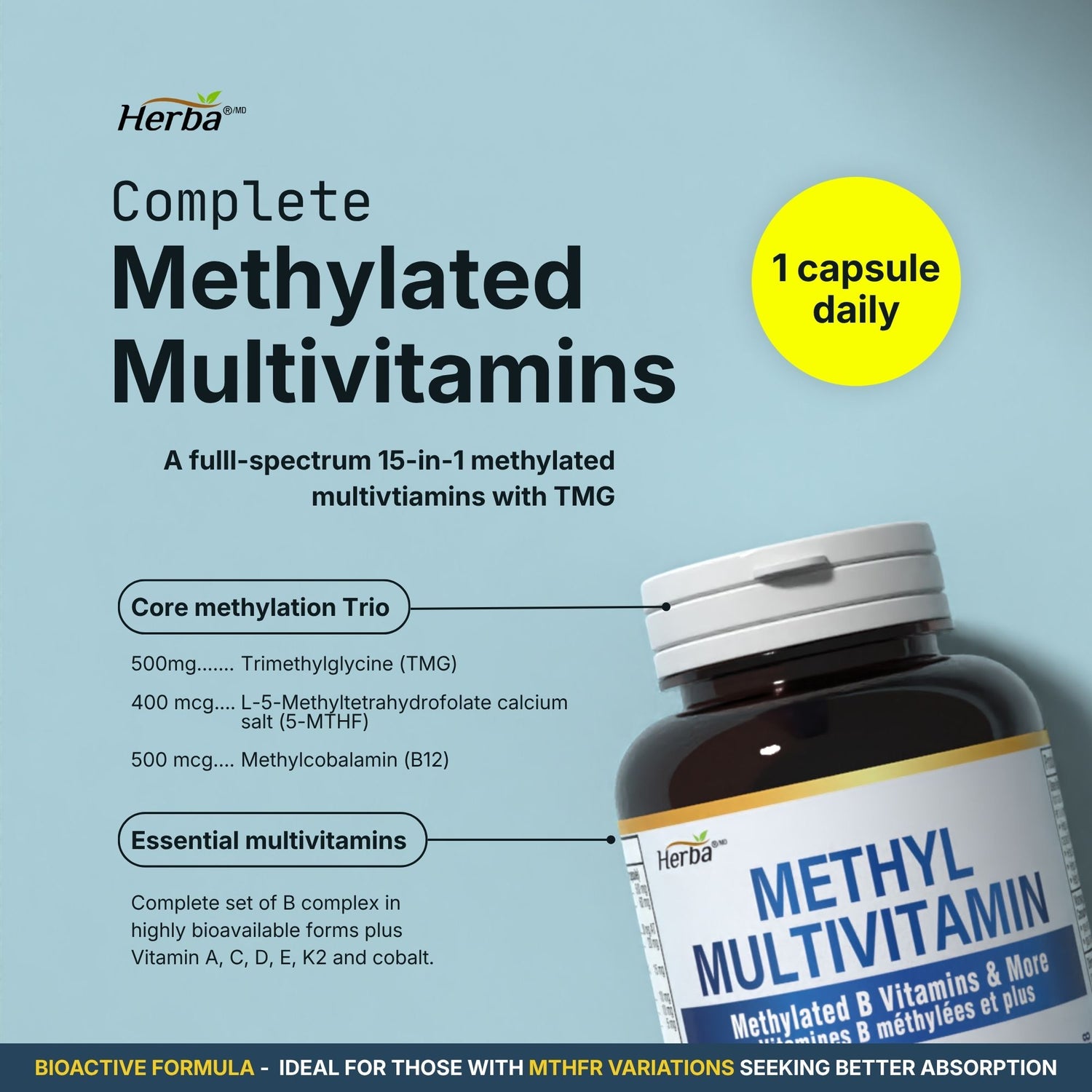 Multivitamine méthylée avec TMG et complexe B méthylé complet - 120 capsules | Formule 15 en 1 | Fabriqué au Canada