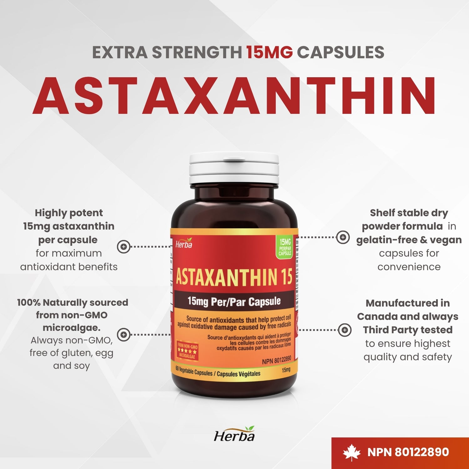 Astaxanthin Supplement 15mg – 60 Vegetable Capsules | Made in Canada
