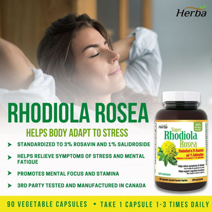 Herba Rhodiola Rosea Supplement 200mg - 90 Vegetable Capsules | 100% Natural Rhodiola Capsules – 3% Rosavins and 1% Salidrosides