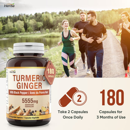 Turmeric with Black Pepper and Ginger - 180 Capsules | 5555mg Equivalent | Made in Canada