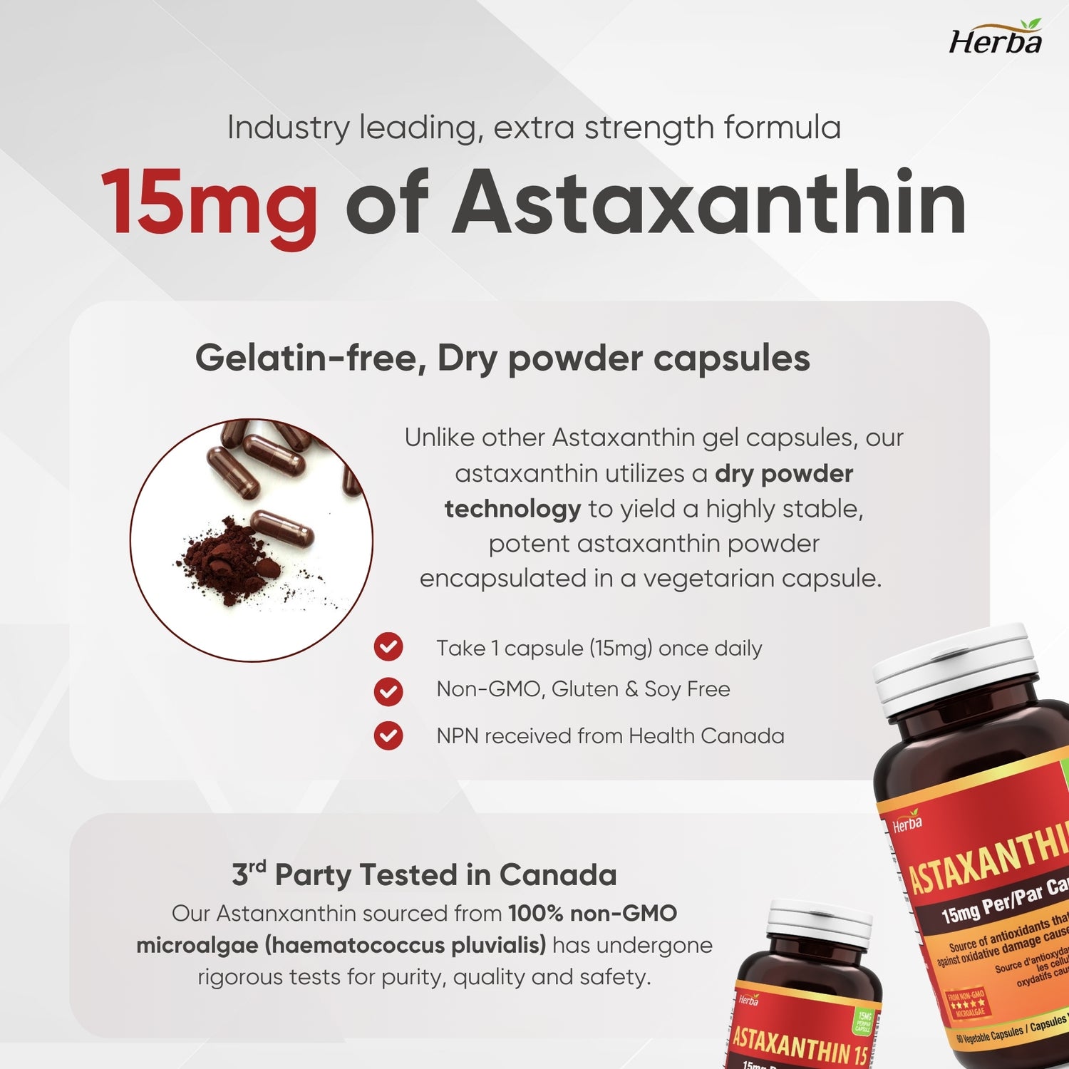 Astaxanthin Supplement 15mg – 60 Vegetable Capsules | Made in Canada