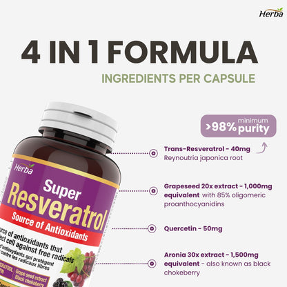 Complément de Resvératrol - 120 capsules | Trans-resvératrol avec échinacée, quercétine, extrait de pépins de raisin et aronia