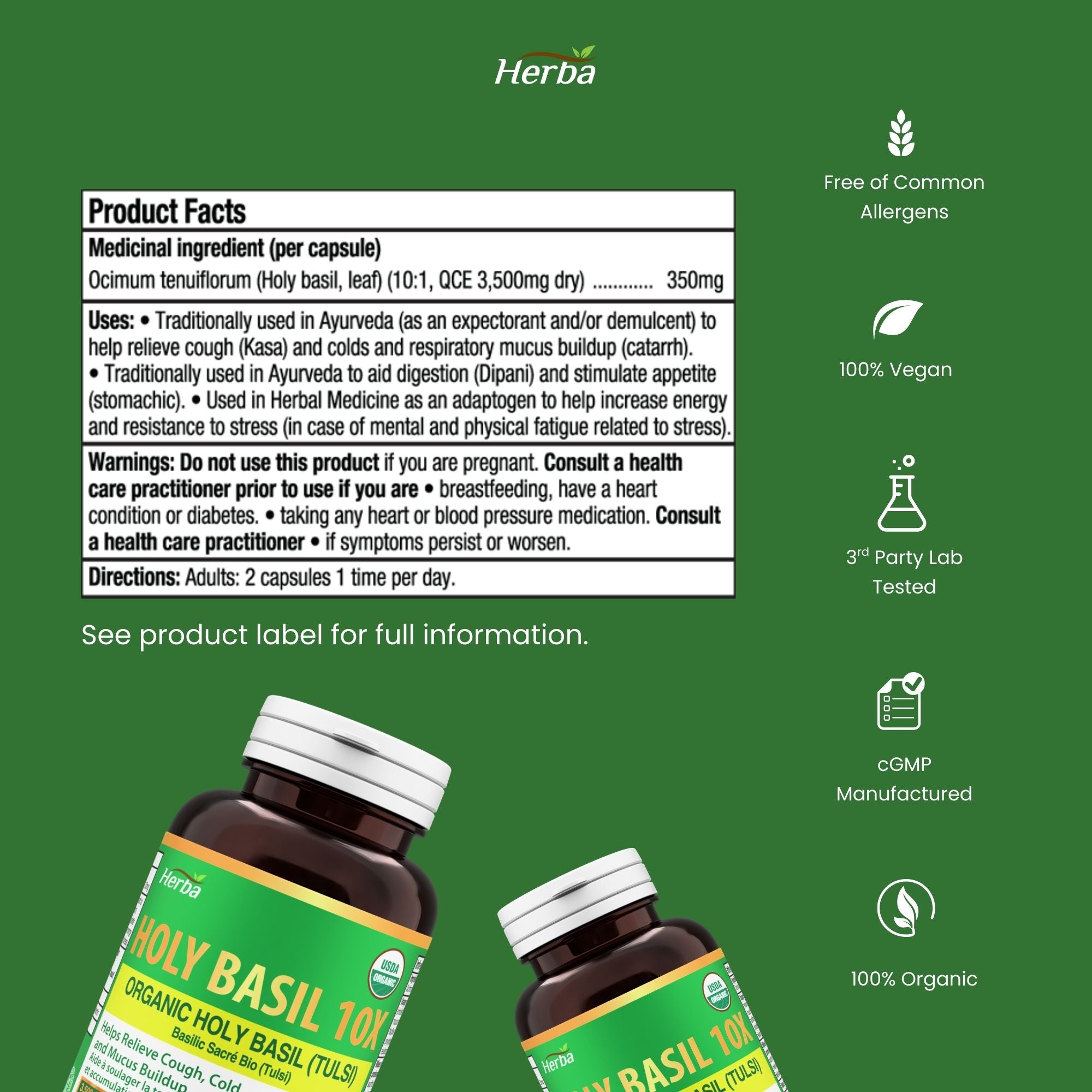 Organic Holy Basil Capsules – 350mg | 120 Vegetable Capsules