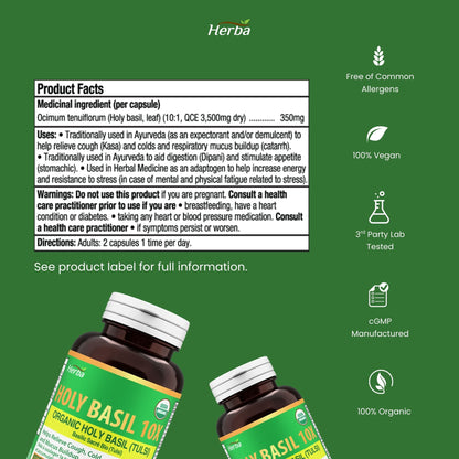 Organic Holy Basil Capsules – 350mg | 120 Vegetable Capsules