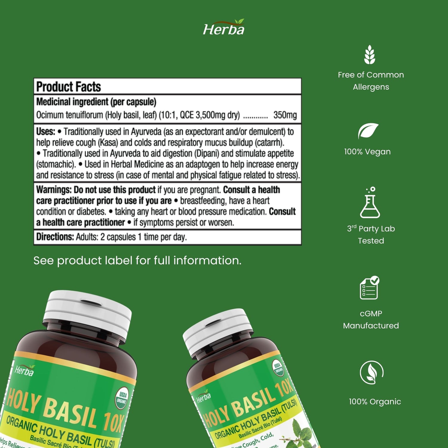 Capsules de basilic sacré biologique - 350mg | 120 capsules végétales