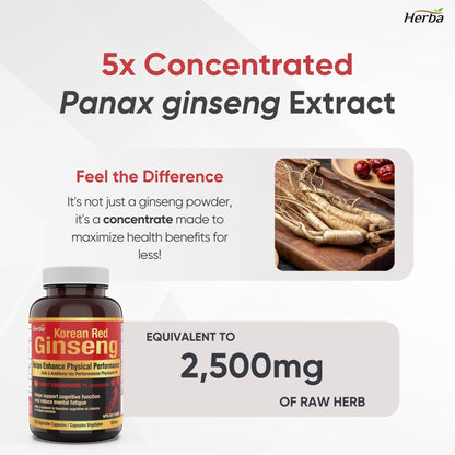 Korean Red Ginseng Extract Capsules – 5:1, 2500mg Equivalent | 120 Vegetable Capsules
