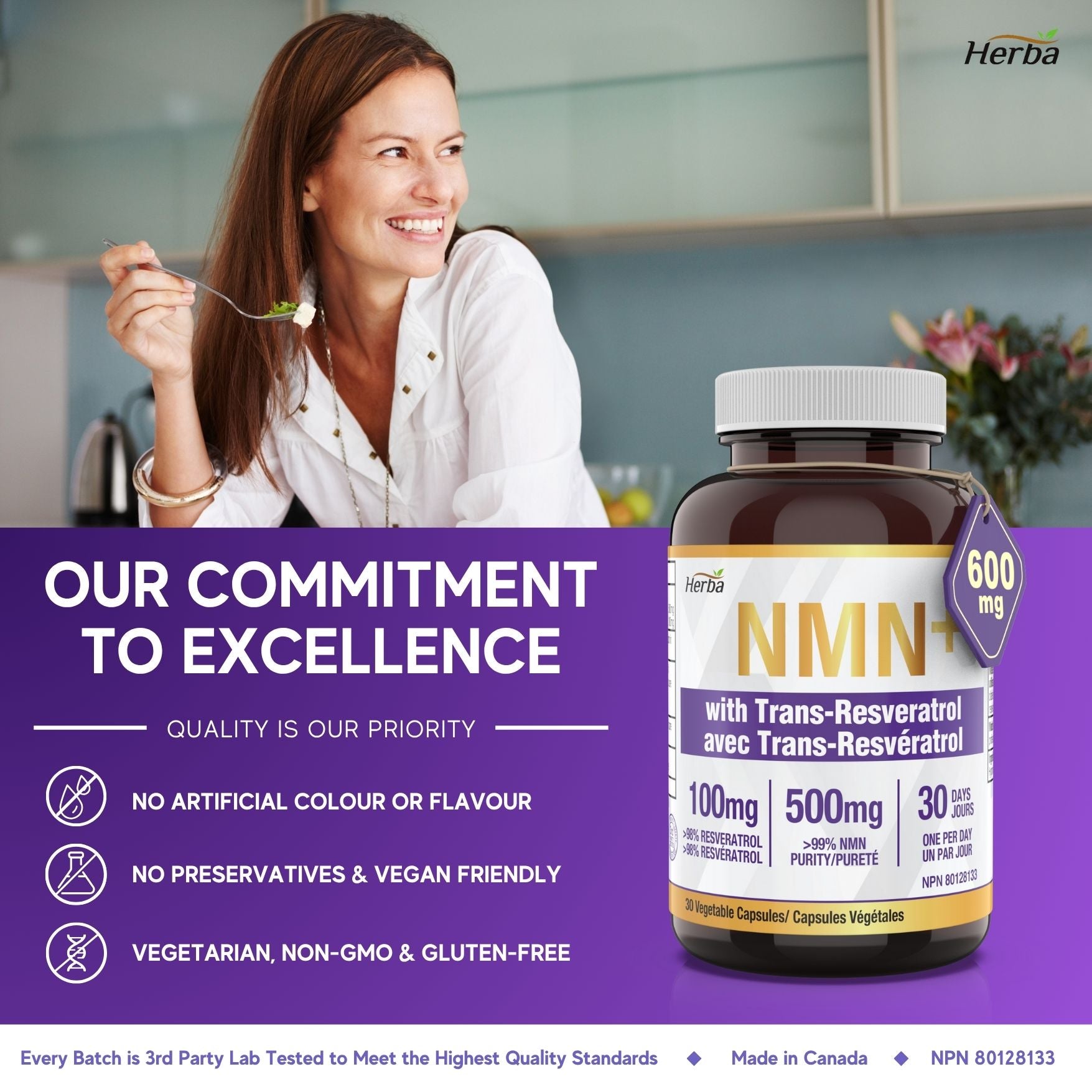 NMN Supplement + Resveratrol - 600mg | Made in Canada | 30 Vegetable Capsules