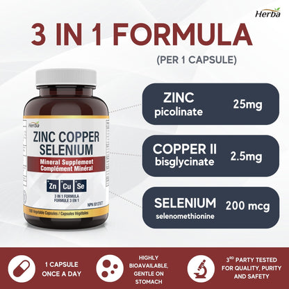 Zinc Copper Selenium Supplement - 180 Capsules | Made in Canada
