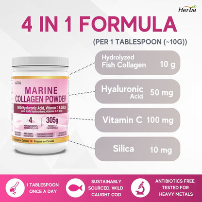Marine Collagen Powder with Hyaluronic Acid, Silica, and Vitamin C – 305g (New) | Made in Canada