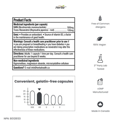 NMN Supplement + Resveratrol - 600mg | Made in Canada | 30 Vegetable Capsules