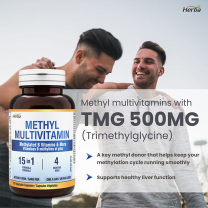 Methylated Multivitamin with TMG &amp; Full Methylated B Complex - 120 Capsules | 15 in 1 Formula | Made in Canada