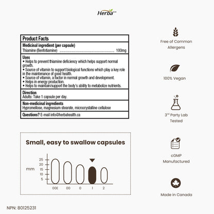 Benfotiamine 100mg - 120 capsules | Vitamine B1 liposoluble | Fabriqué au Canada