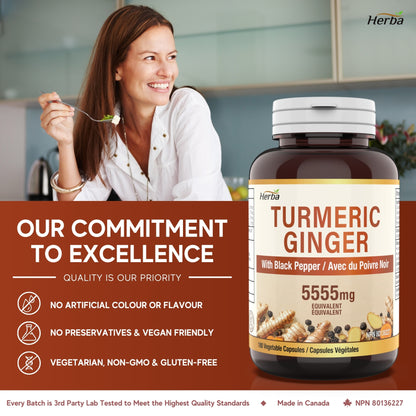 Turmeric with Black Pepper and Ginger - 180 Capsules | 5555mg Equivalent | Made in Canada