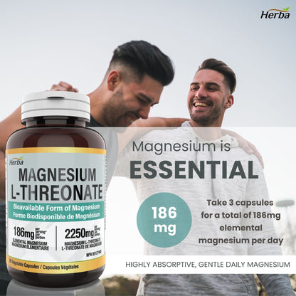 Magnesium L-Threonate Supplement – 186mg | Made in Canada | 90 Vegetable Capsules