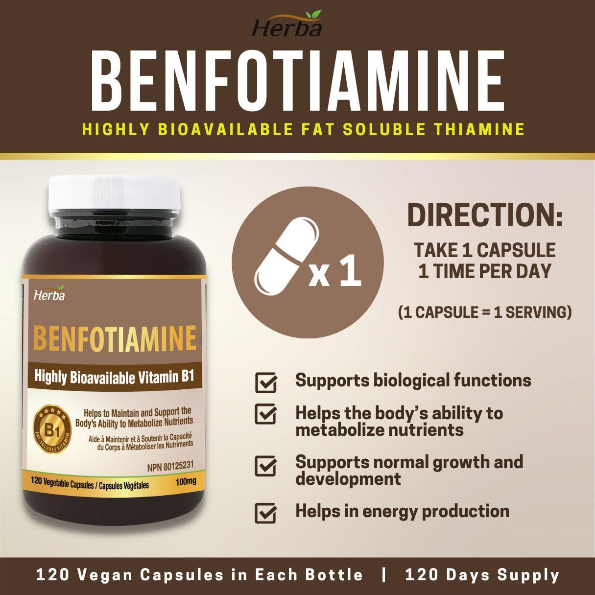Herba Benfotiamine 100mg - 120 Capsules | Fat Soluble Vitamin B1 | Made in Canada
