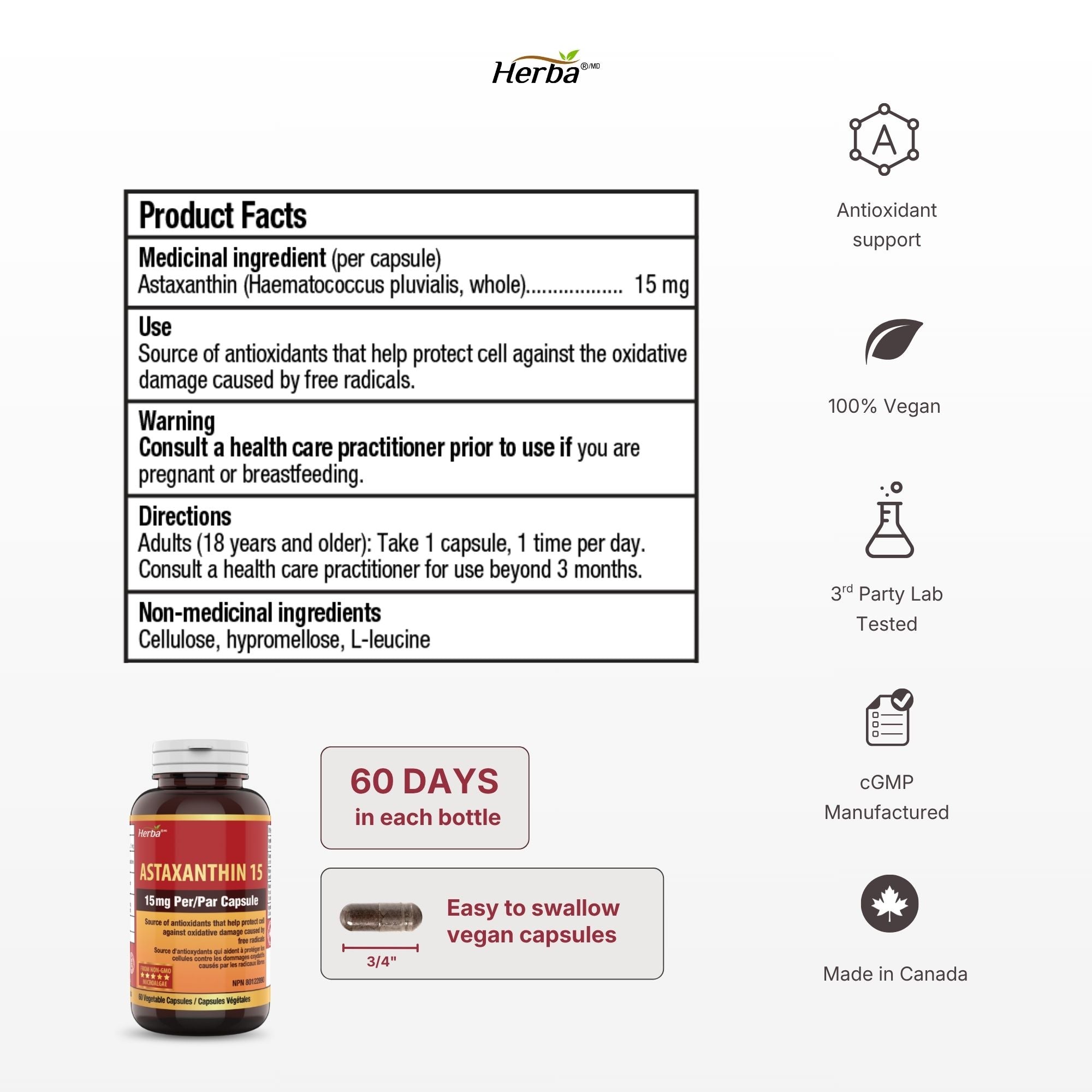 Astaxanthin Supplement 15mg – 60 Vegan Capsules | Made in Canada