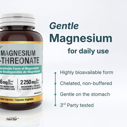 Magnesium L-Threonate Supplement – 186mg | Made in Canada | 180 Vegetable Capsules