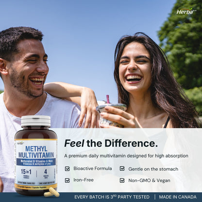 Multivitamine méthylée avec TMG et complexe B méthylé complet - 120 capsules | Formule 15 en 1 | Fabriqué au Canada