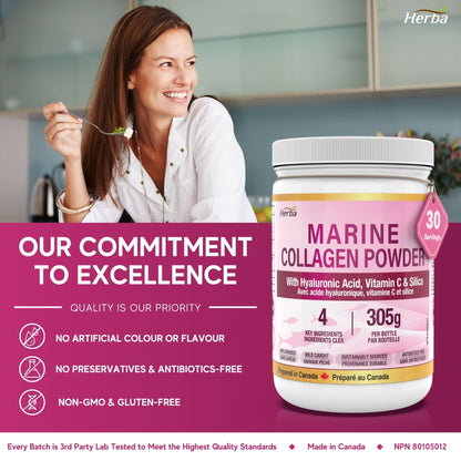 Marine Collagen Powder with Hyaluronic Acid, Silica, and Vitamin C – 305g (New) | Made in Canada