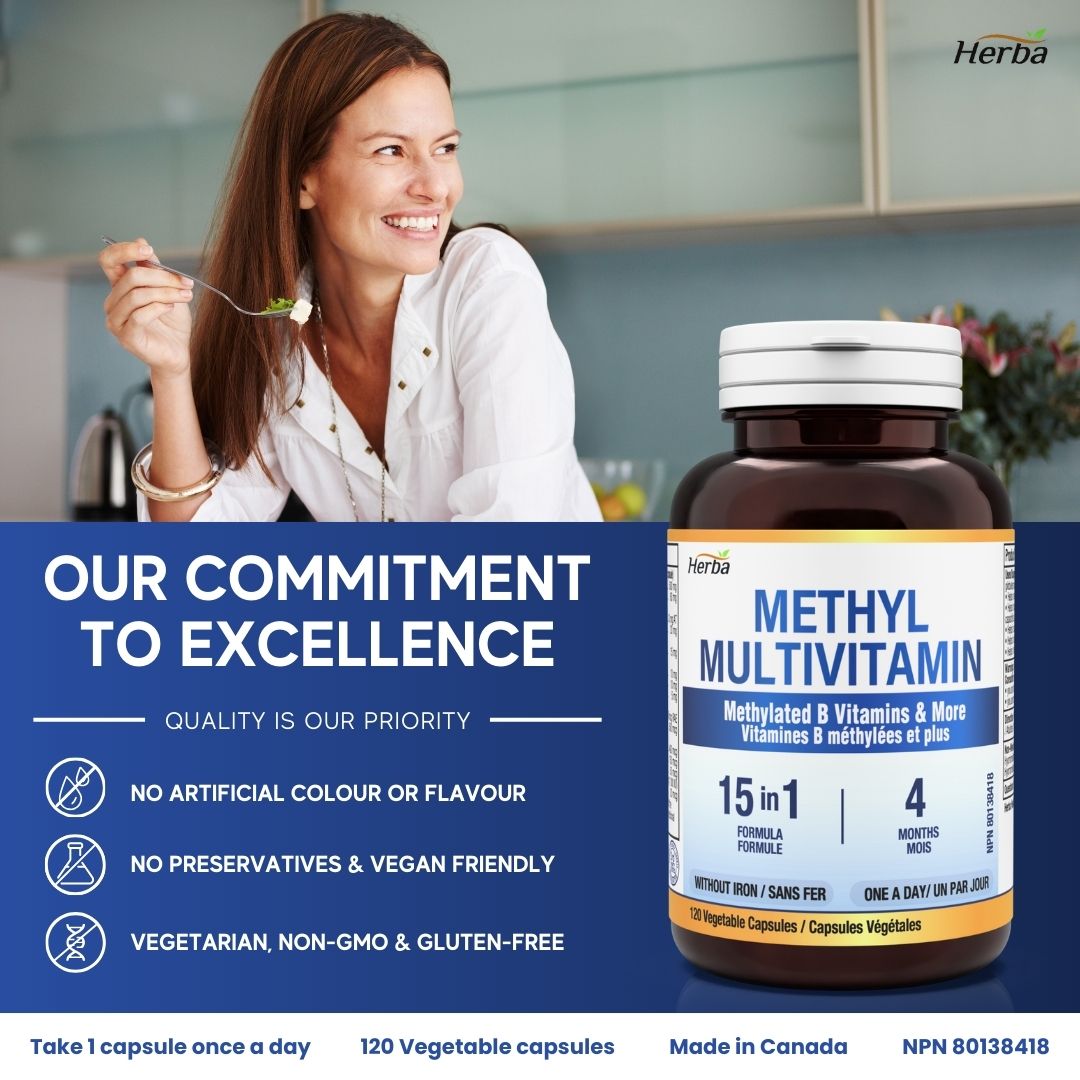 Methylated Multivitamin with TMG &amp; Full Methylated B Complex - 120 Capsules | 15 in 1 Formula | Made in Canada