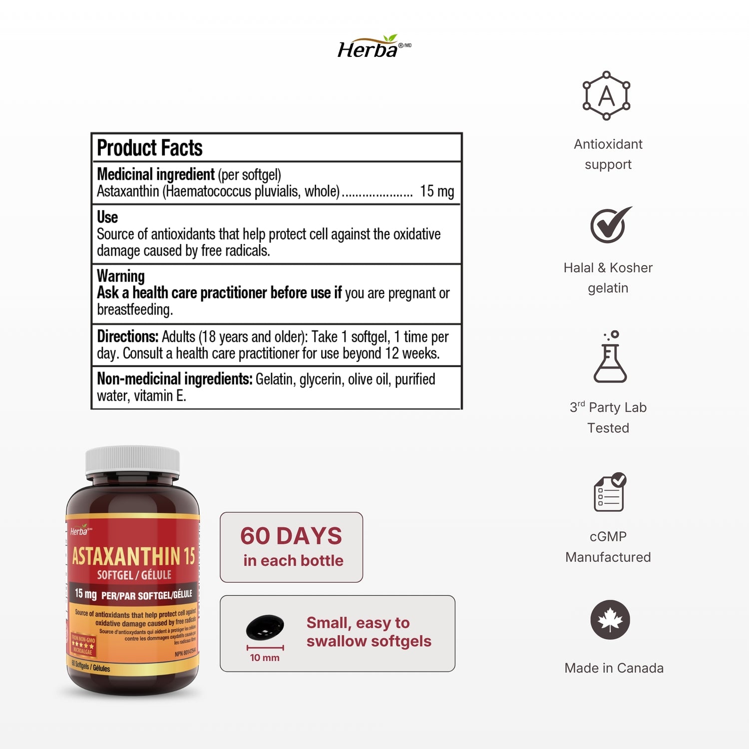Astaxanthin Supplement 15mg - 60 Softgels | Made in Canada