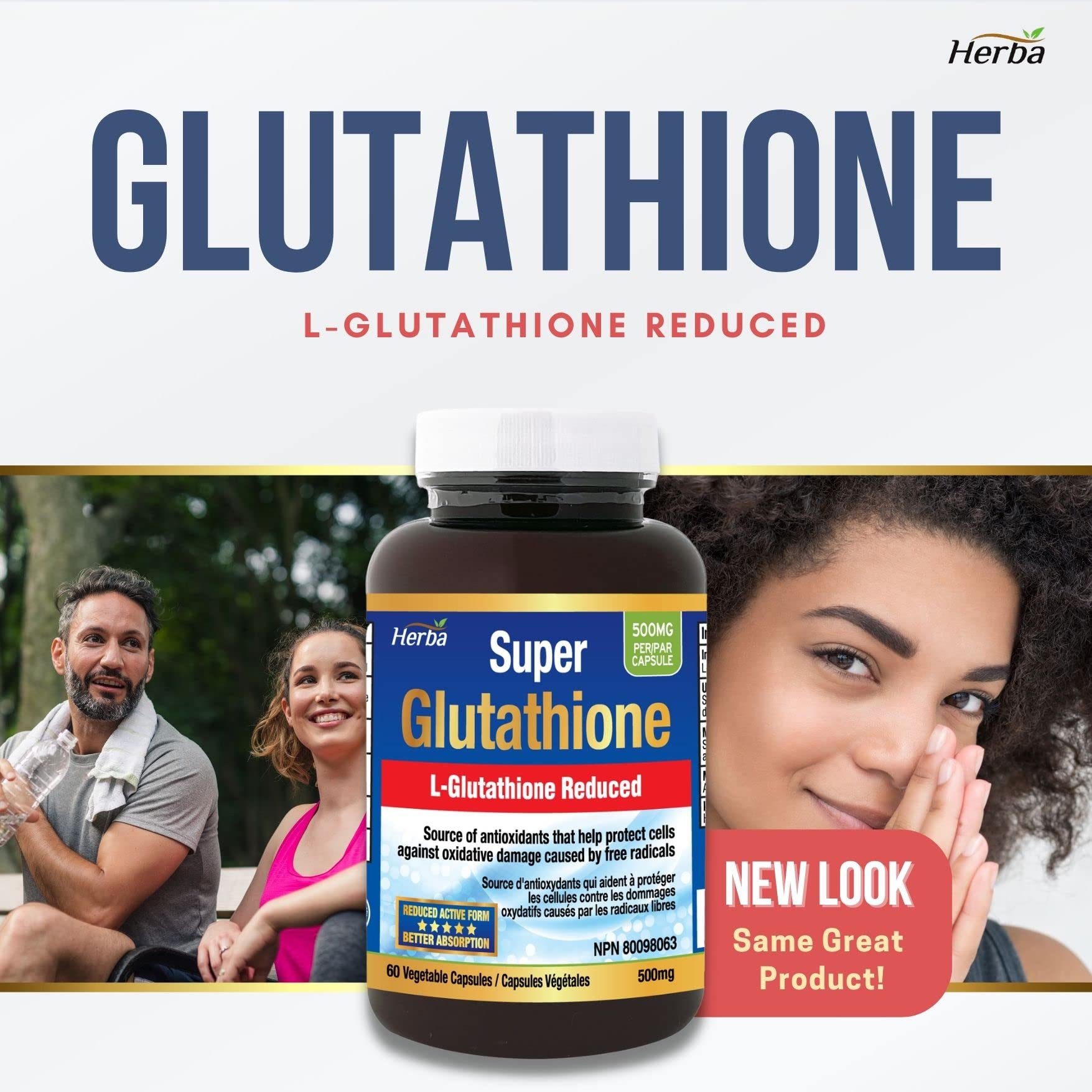 Herba Glutathione Supplements 500mg, 60 Vegetable Capsules-L-Glutathione Reduced Active Form