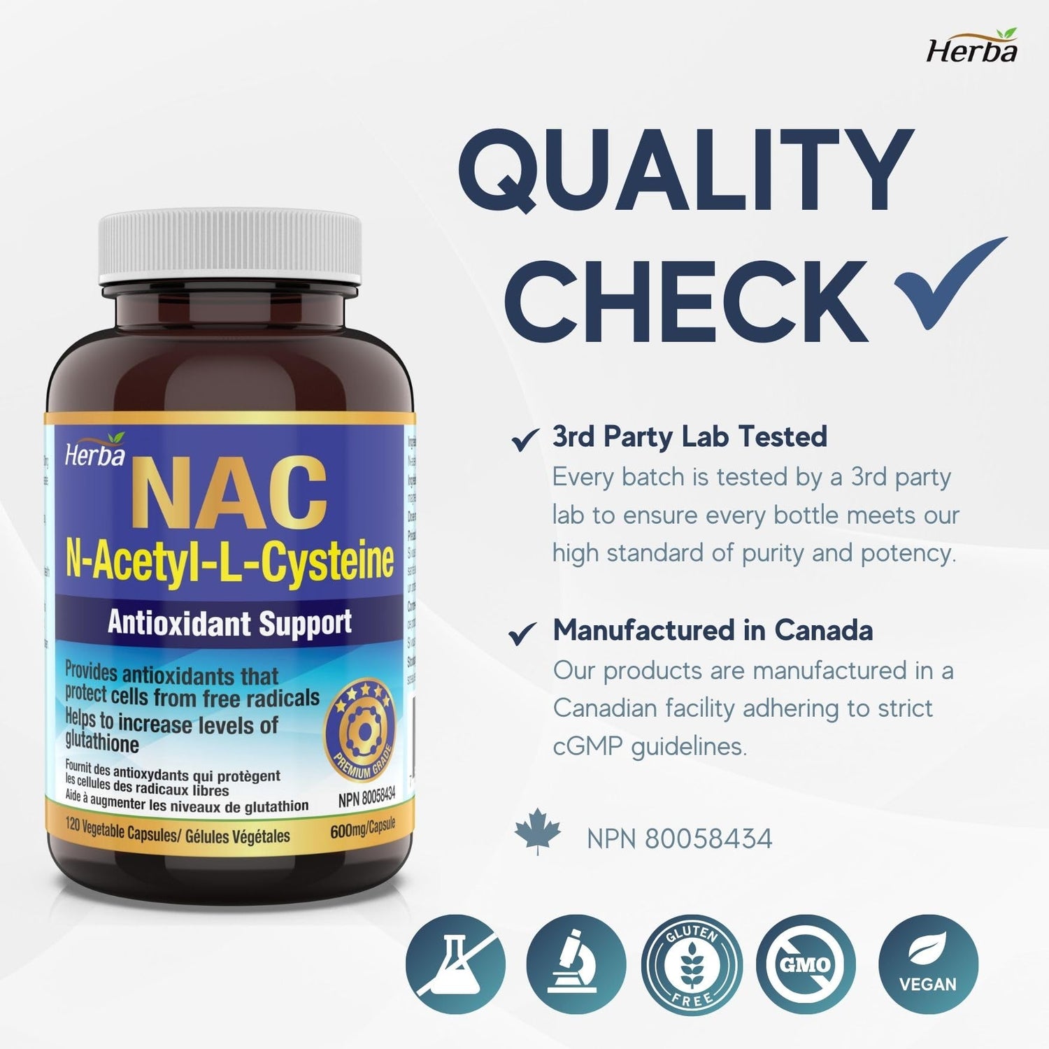 Herba NAC Supplement 600 mg - 120 Capsules | N-Acetyl-L-Cysteine