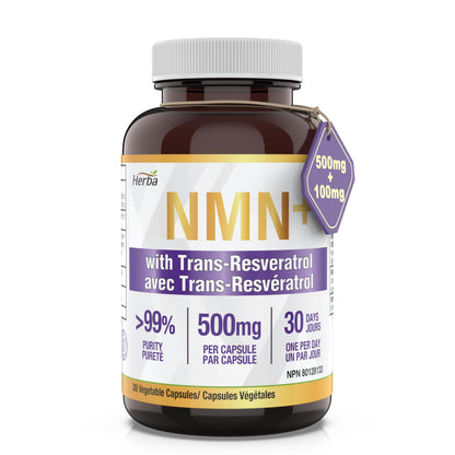 Herba NMN + Resveratrol Supplement - 600mg | 30 Capsules | Made in Canada