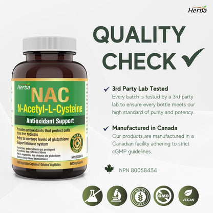 Herba NAC Supplement 600 mg - 180 Capsules | N-Acetyl-L-Cysteine