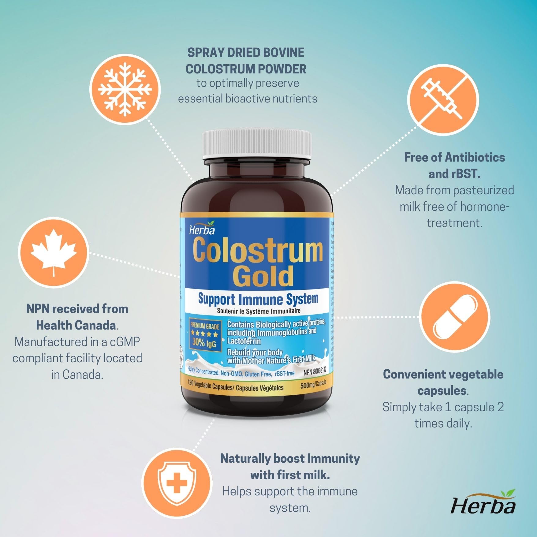 Herba Bovine Colostrum Supplements 500mg - 120 Capsules | Rich in Lactoferrin and Immunoglobulins | 30% IgG