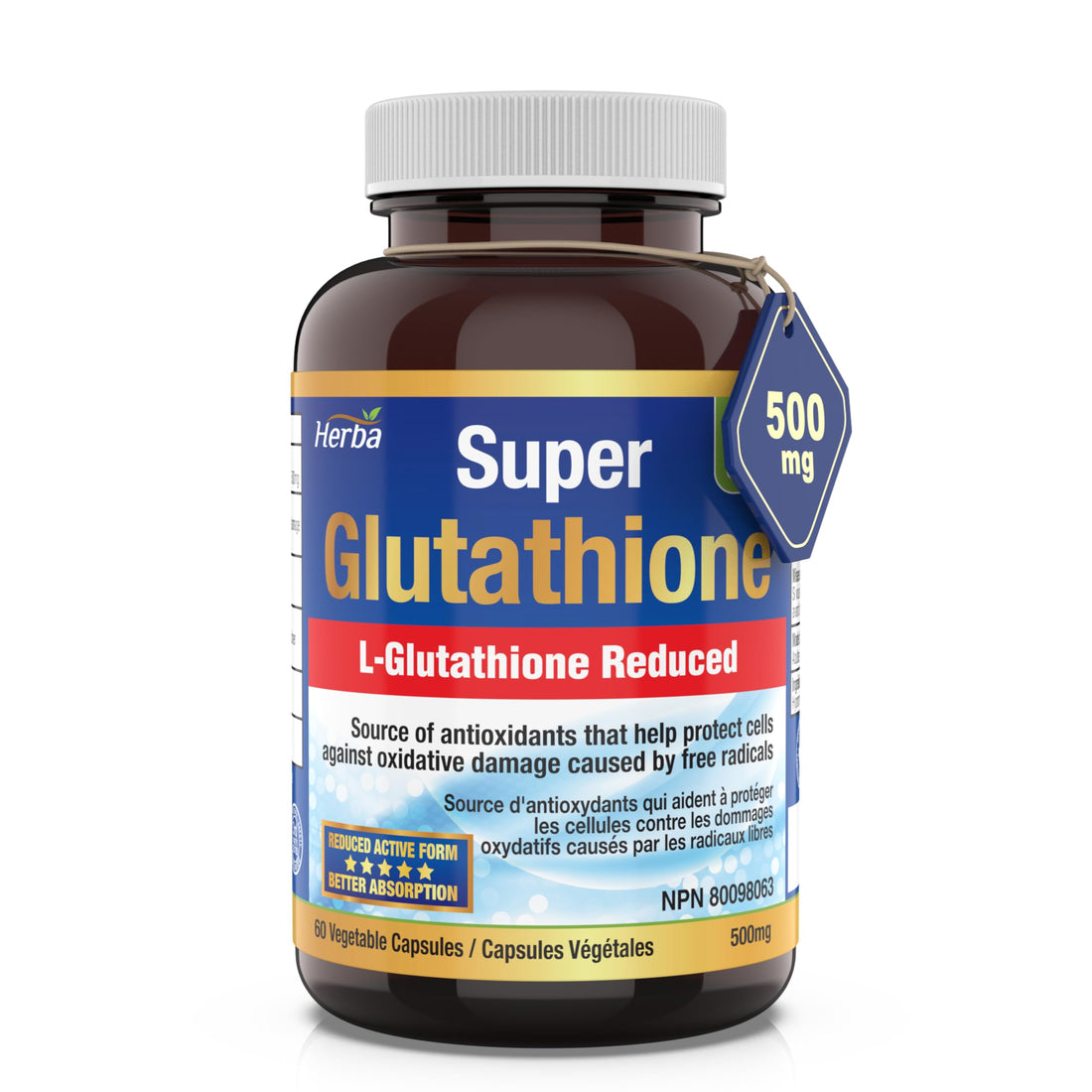 Herba Glutathione Supplements 500mg, 60 Vegetable Capsules-L-Glutathione Reduced Active Form