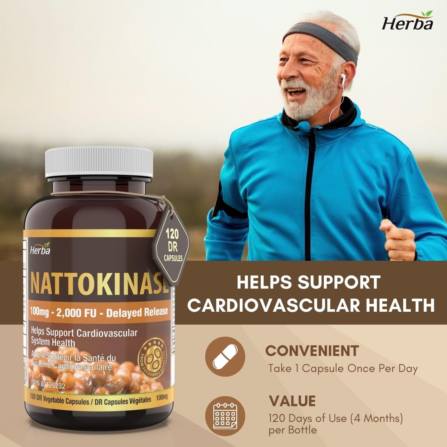 Herba Nattokinase Supplement 2000 FU – 100mg, 120 Delayed Release Capsules