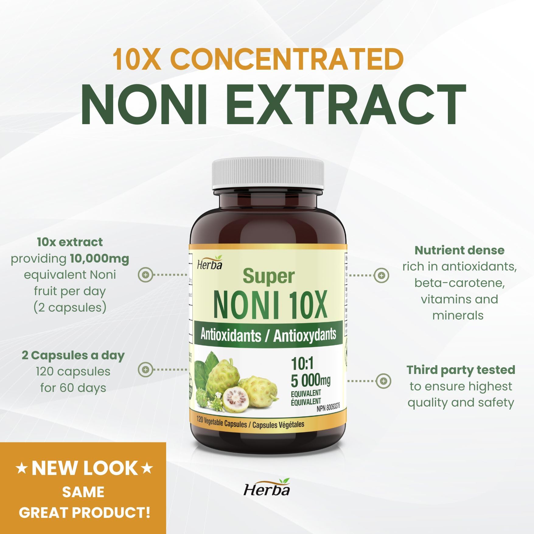 Natural Noni Capsules 10X - 120 Vegan Capsules | 10,000mg Per Day | 10:1 Concentration
