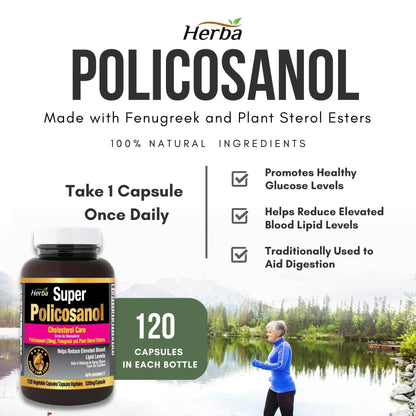 Herba Policosanol 20mg with Fenugreek and Plant Sterol Esters - 120 Vegetable Capsules