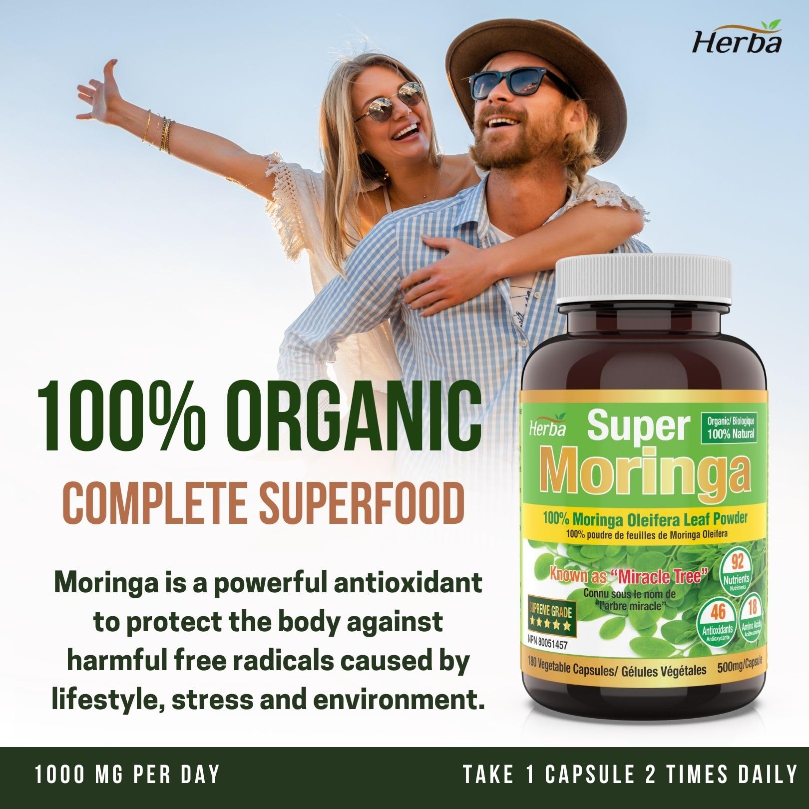 Herba Organic Moringa Leaf Capsules - 180 Vegetable Capsules | 1000mg Per Day