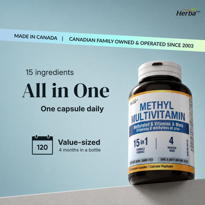 Multivitamine méthylée avec TMG et complexe B méthylé complet - 120 capsules | Formule 15 en 1 | Fabriqué au Canada