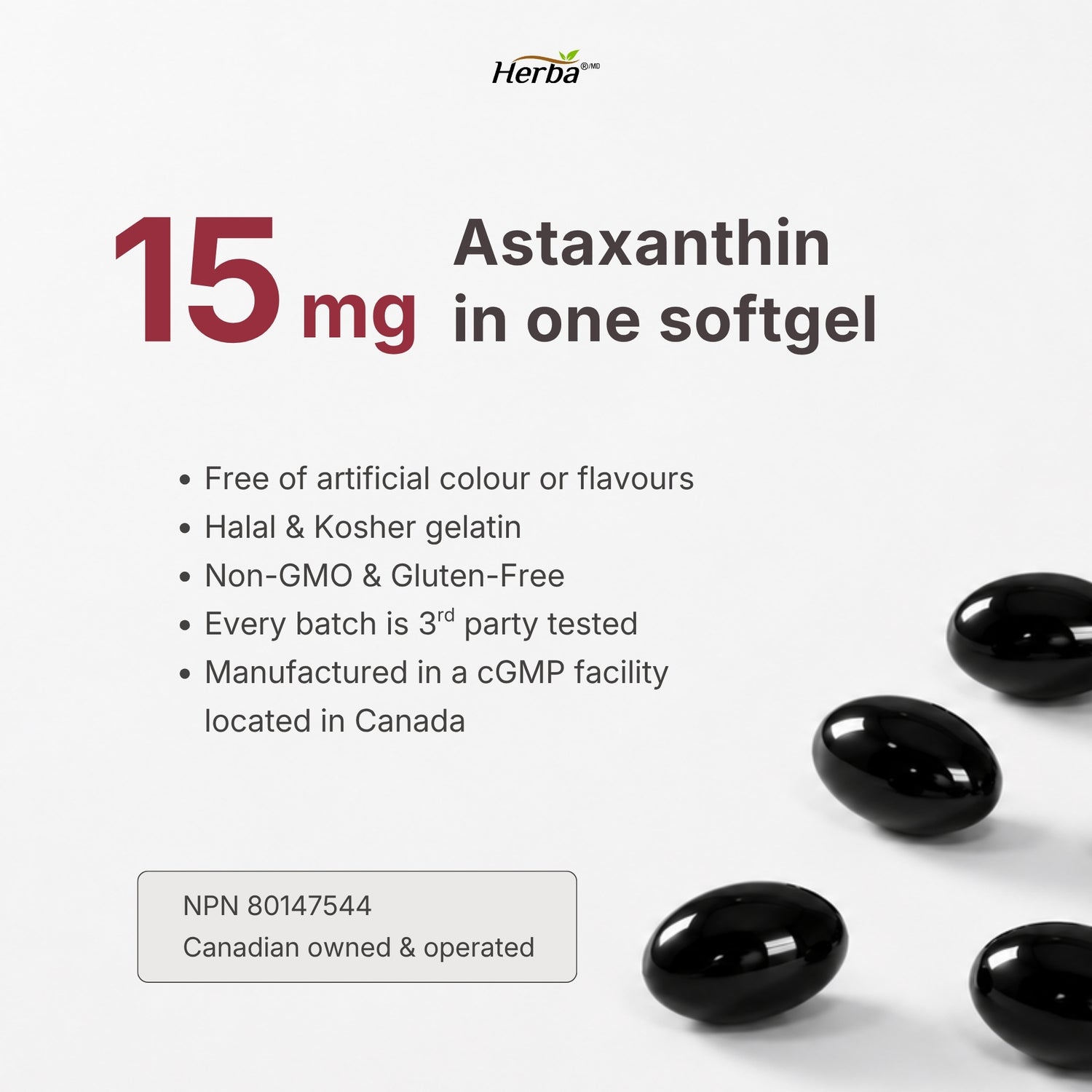 Astaxanthin Supplement 15mg - 60 Softgels | Made in Canada