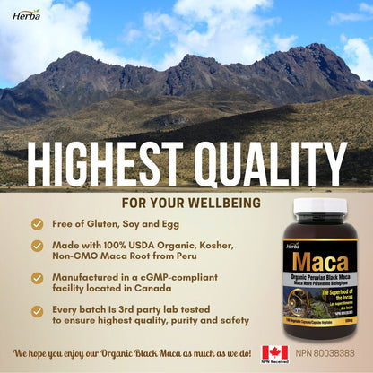 Herba Organic Black Maca Capsules - 500mg, 180 Capsules | Peruvian Black Maca