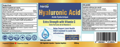 Herba Hyaluronic Acid Supplement 200mg - 100 Vegetable Capsules | Hyaluronic Acid Capsules with Vitamin C