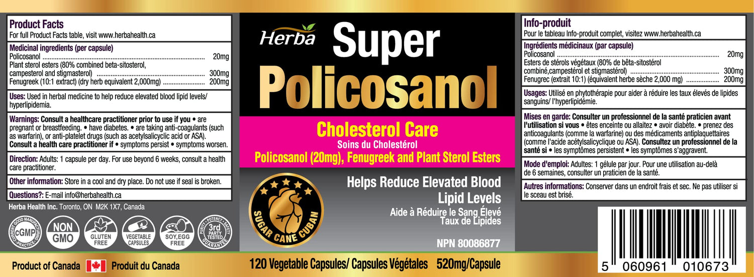 Herba Policosanol 20mg with Fenugreek and Plant Sterol Esters - 120 Vegetable Capsules