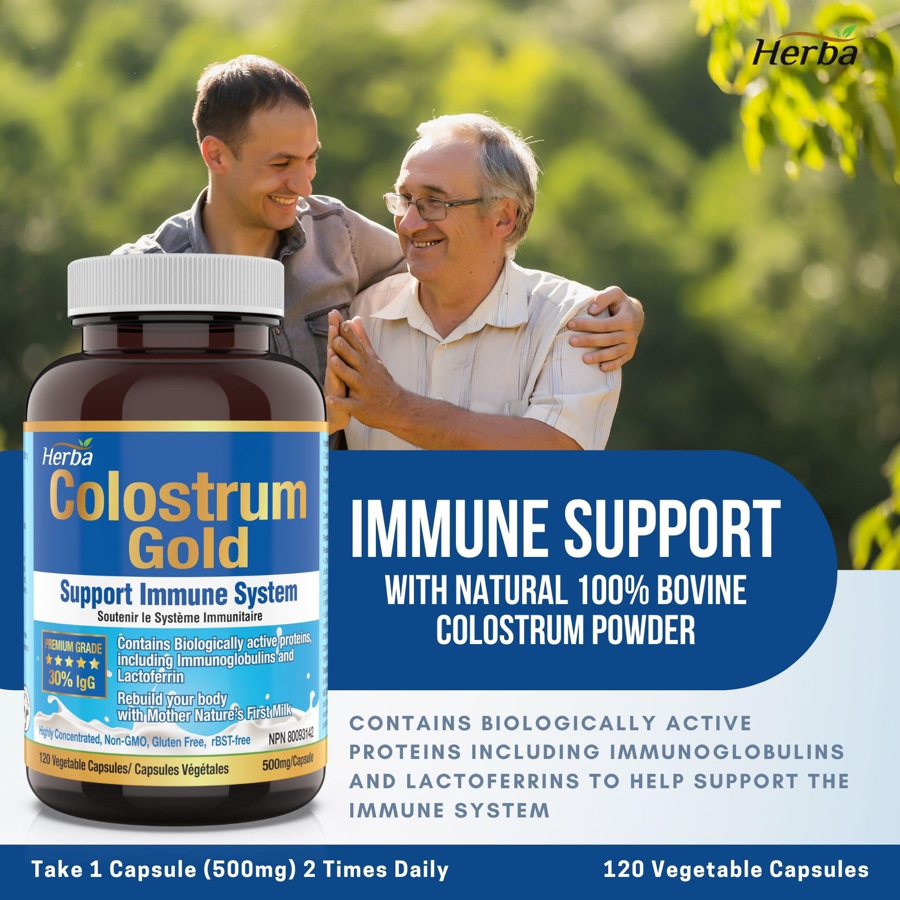 Herba Bovine Colostrum Supplements 500mg - 120 Capsules | Rich in Lactoferrin and Immunoglobulins | 30% IgG